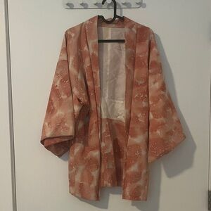 Elegant Women's Kimono Style Jacket in Orange and Cream